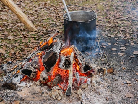 picnic cooking, Camping kettle. A cauldron of cooked food at a picnic against a background of autumn leaves.