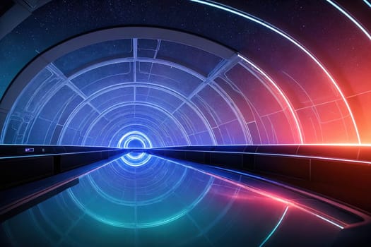 The image is a futuristic tunnel with neon lights and a glowing blue floor.