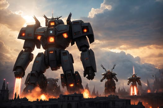 The image depicts a group of robots standing in a cityscape with flames and smoke rising from the ground.
