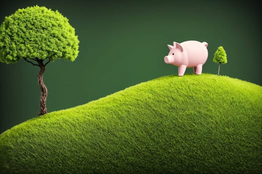 The image shows a pig standing on a hill with trees in the background.