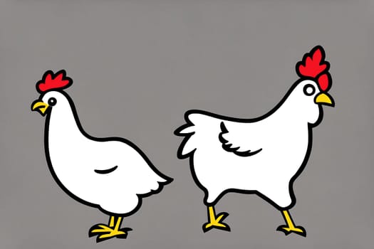 The image shows two white chickens standing next to each other on a gray background.