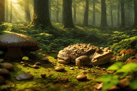 The image shows a small frog sitting on a mushroom in a dense forest with moss and ferns growing around it.