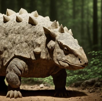 The image is a sculpture of a dinosaur standing on its hind legs, with its front legs folded under its body.