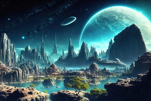 The image depicts a futuristic city with towering skyscrapers, neon lights, and alien landscapes.