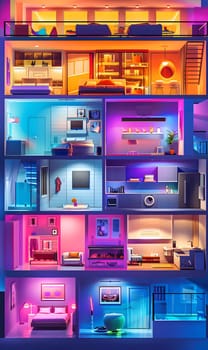 The dollhouse resembles a miniature mansion with vibrant magenta rooms and electric blue lights. It is equipped with modern technology such as display devices and electronic gadgets for entertainment