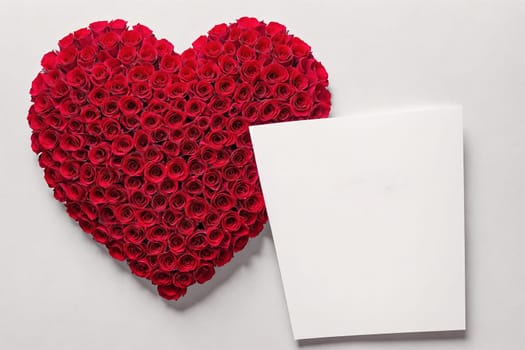 The image is a 3D rendering of a heart-shaped bouquet of red roses with a blank piece of paper in the center.