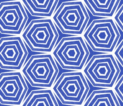 Striped hand drawn pattern. Indigo symmetrical kaleidoscope background. Textile ready exotic print, swimwear fabric, wallpaper, wrapping. Repeating striped hand drawn tile.