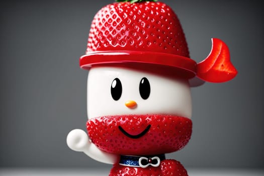 The image is a strawberry wearing a red hat and holding a fishing rod.