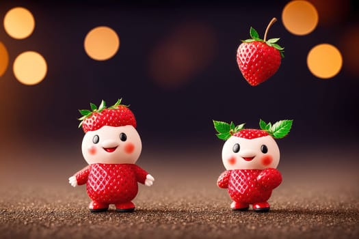 The image shows two strawberry figurines standing next to each other, one with a smile and the other with a sad expression.