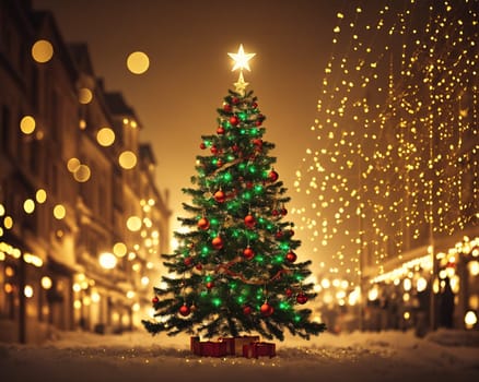 The image shows a Christmas tree standing in the middle of a snowy street at night with bright lights and decorations on it.
