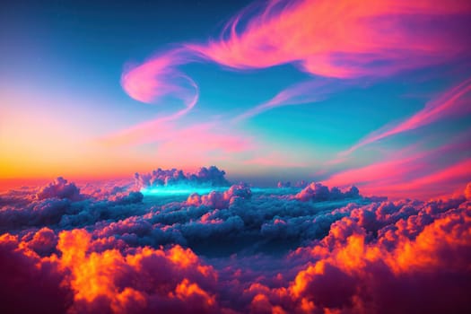 The image depicts a beautiful, colorful sky with clouds and a sunset in the background.