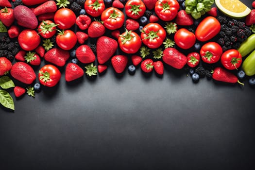 The image is a border of fresh fruits and vegetables, including strawberries, blueberries, grapes, lemons, limes, and tomatoes.