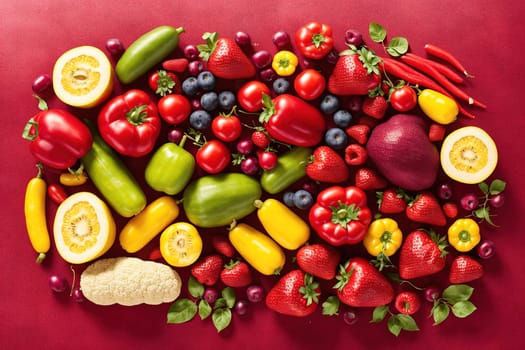 The image shows a variety of colorful fruits and vegetables arranged on a red background.