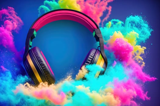 The image is a pair of colorful headphones floating in a cloud of colored powder.