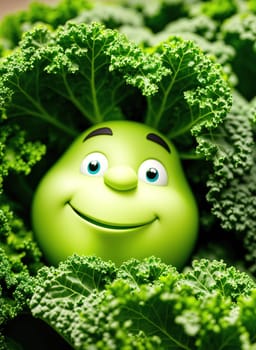 The image shows a smiling cartoon character peeking out from a pile of kale leaves.