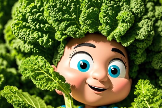 The image shows a cartoon character with a green hair bun and a blue shirt, holding a bunch of broccoli in her hand.