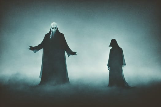 The image depicts a group of ghostly figures standing in a misty landscape.
