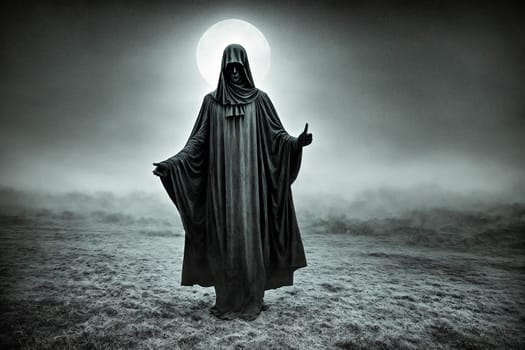 The image depicts a statue of a hooded figure standing in the middle of a foggy field.