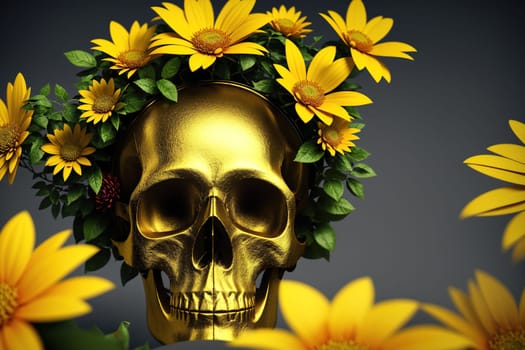 The image is a golden skull with sunflowers in its hair, surrounded by a wreath of flowers.