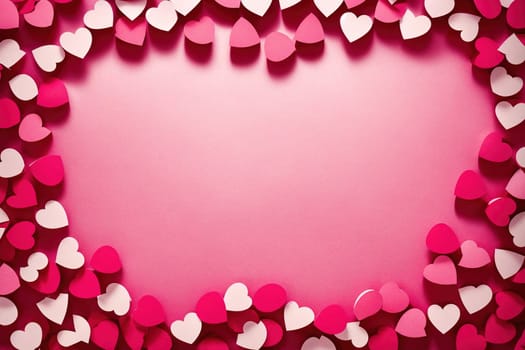 The image is a pink heart-shaped frame with a background of white and pink hearts.