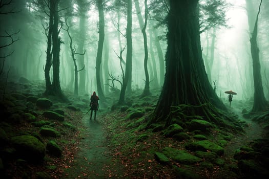The image shows a woman walking through a dense forest with tall trees on either side of her, the path leading through the misty fog.
