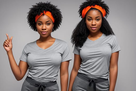 The image shows two women wearing orange headbands and grey shirts, one pointing to the left and the other to the right.