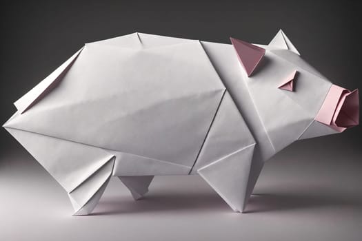 The image is a white paper origami pig standing on its hind legs with its front legs folded under its body.