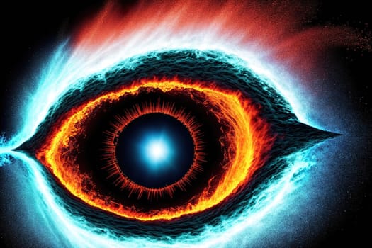 The image is a blue and orange eye with a glowing center.