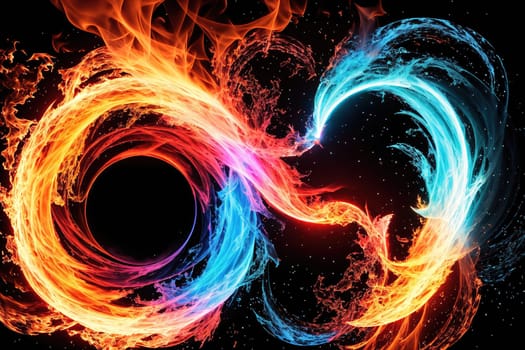 The image is a swirling, colorful flame with a circular shape in the center.