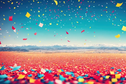 The image is a colorful landscape with a large pile of confetti in the foreground.