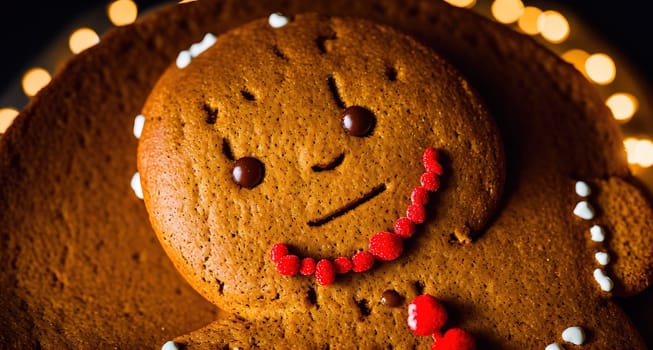 The image is a close-up of a gingerbread man with a red nose and a smile on his face, sitting on a plate with a candle next to him.