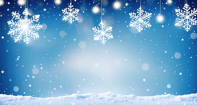 The image depicts a winter scene with snowflakes hanging from the sky and a blue background.