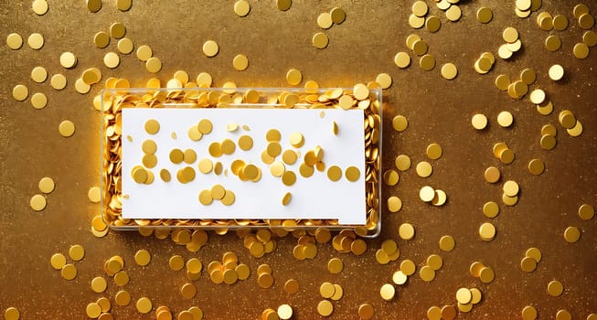 The image is a gold and white confetti background with a blank space in the center.