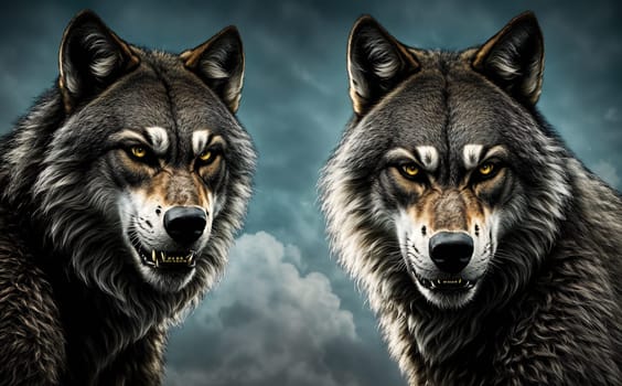The image depicts two wolves standing on a cloudy background, their eyes glowing with a fierce intensity.