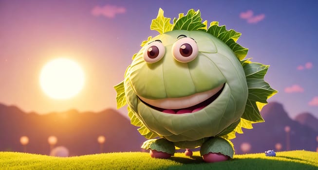 The image shows a cartoon vegetable character with a big smile on its face, standing in a field with a sunset in the background.