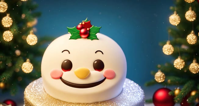 The image is a cake with a smiling face on top, surrounded by christmas decorations such as a christmas tree and presents.