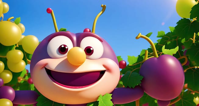 The image shows a cartoon character standing in a vineyard, holding a bunch of grapes in its hand and smiling at the camera.