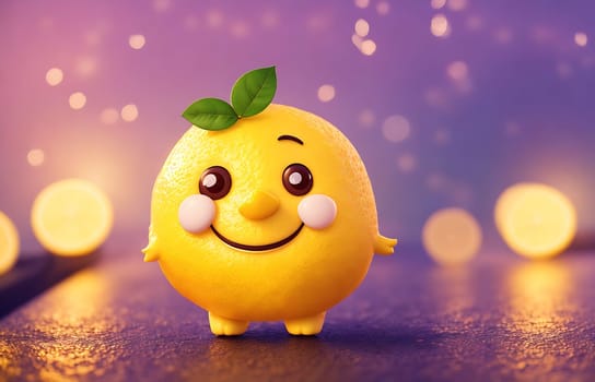The image is a yellow lemon with a green leaf on its head, standing on a table with a white background.