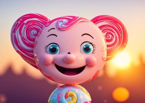 The image is a cartoon character with pink hair and a smiling face, standing in front of a sunset.