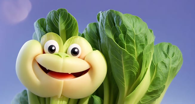 The image is of a smiling bok choy plant with green leaves and a white stem.
