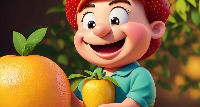 The image shows a cartoon girl holding an orange in her hand and looking at the camera with a smile on her face.