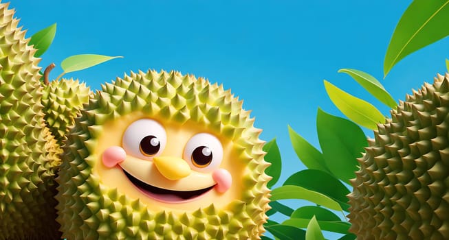 The image shows a smiling face of a durian fruit, with its spiky exterior and creamy white flesh.