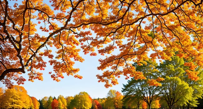 The image depicts a serene autumn scene with colorful leaves hanging from the trees, creating a peaceful atmosphere.