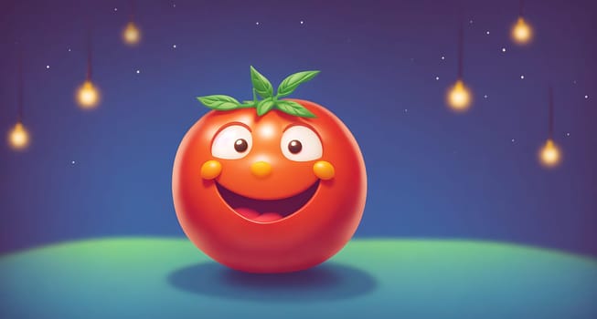 The image is a cartoon tomato with a smiling face and a green stem.