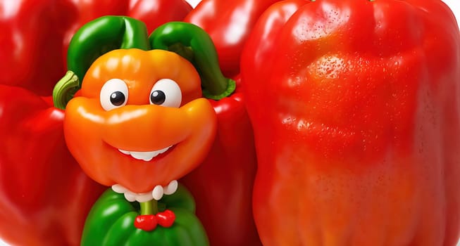 The image shows a cartoon pepper with a smiling face and a green hat standing among a group of red peppers.