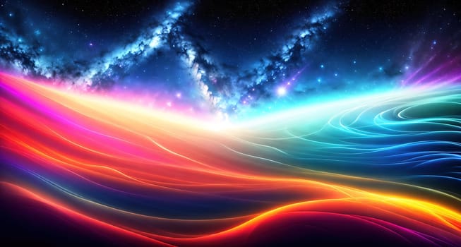 The image is a colorful, abstract representation of a nebula, with swirling clouds of gas and stars in shades of pink, purple, and blue.