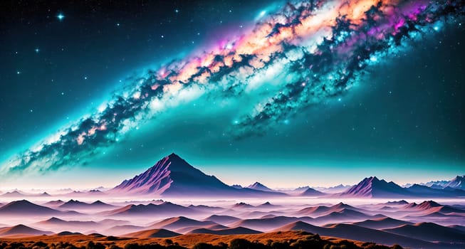 The image depicts a vast, mountainous landscape with a bright, colorful sky in the background.