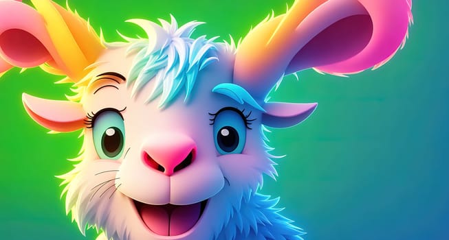 The image is a cartoon illustration of a cute, fluffy white rabbit with pink ears and a big smile on its face.