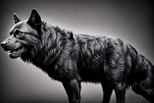 The image is a black and white drawing of a German Shepherd dog standing on its hind legs with its mouth open and its tongue hanging out.