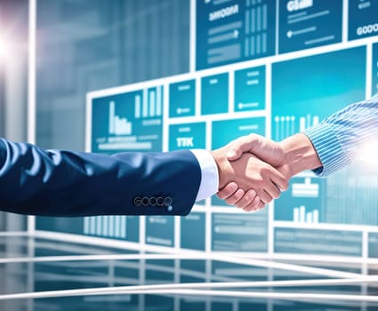 The image shows two businesspeople shaking hands in front of a large screen displaying various graphs and charts.